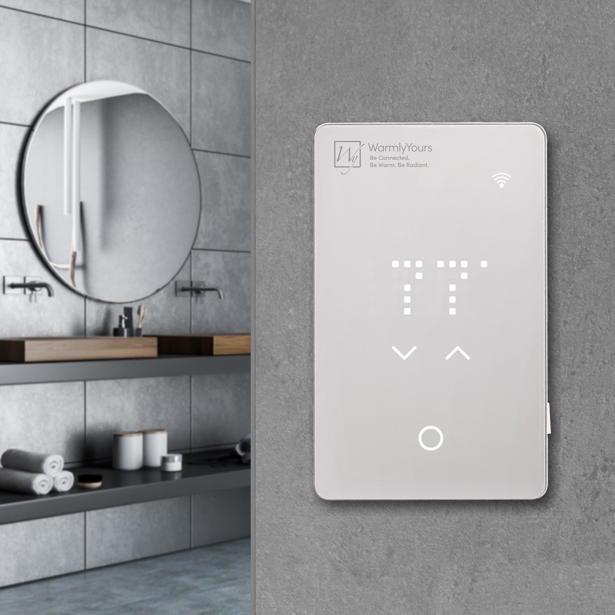 An nJoy WiFi programmable thermostat mounted on a grey wall, controlling an electric radiant floor heating system in a modern bathroom.