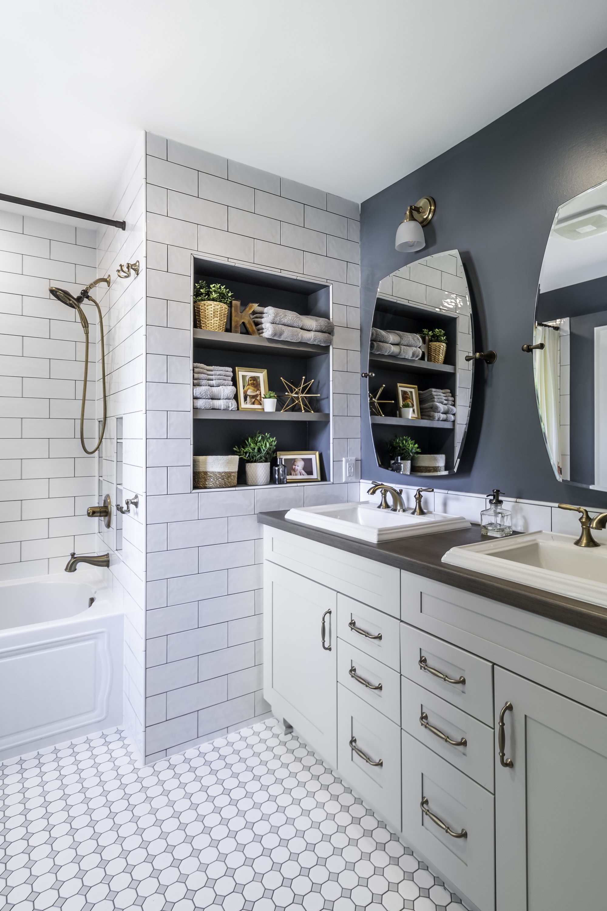 Vintage Bathroom Transformation with radiant floor heating vanity view