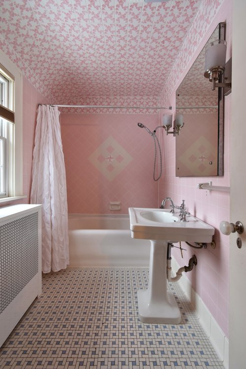 Vintage Bathroom Transformation with radiant floor heating Before shot with pink tile