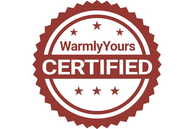 WarmlyYours CERTIFIED round red and white seal badge with stars.