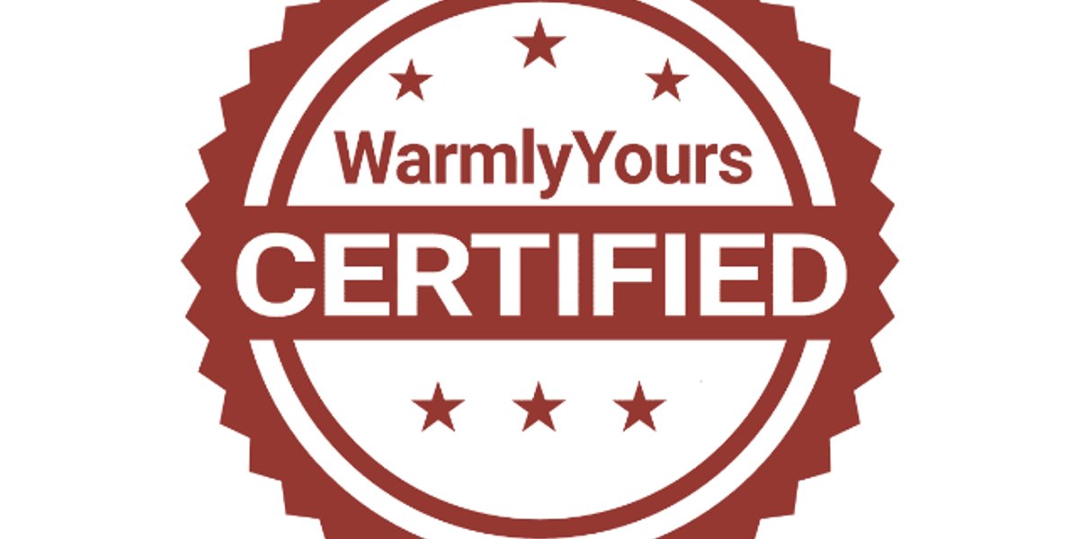 WarmlyYours CERTIFIED round red and white seal badge with stars.