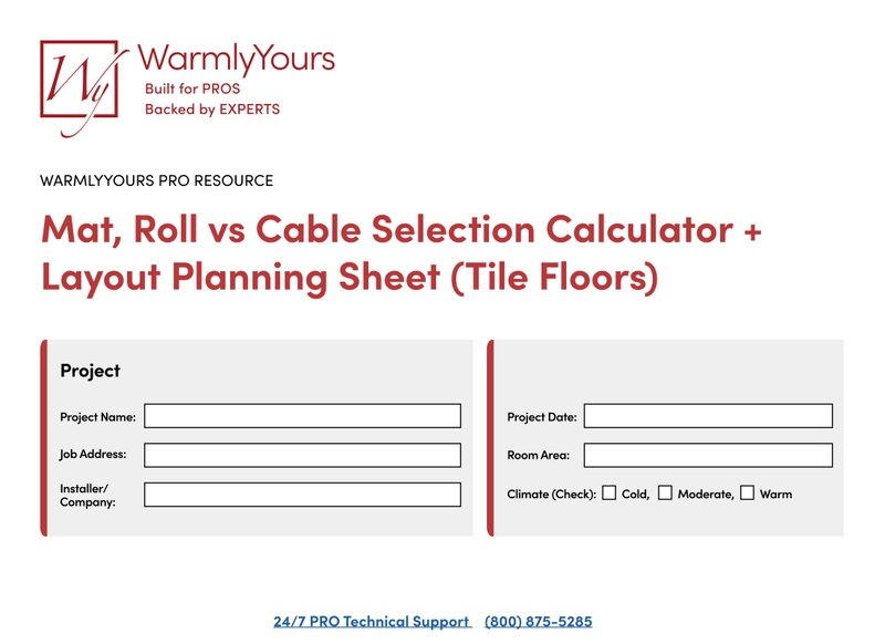 WarmlyYours PRO-Resource Mat vs Cable Selection Calculator Layout Planning Sheet Tile Floors (English)