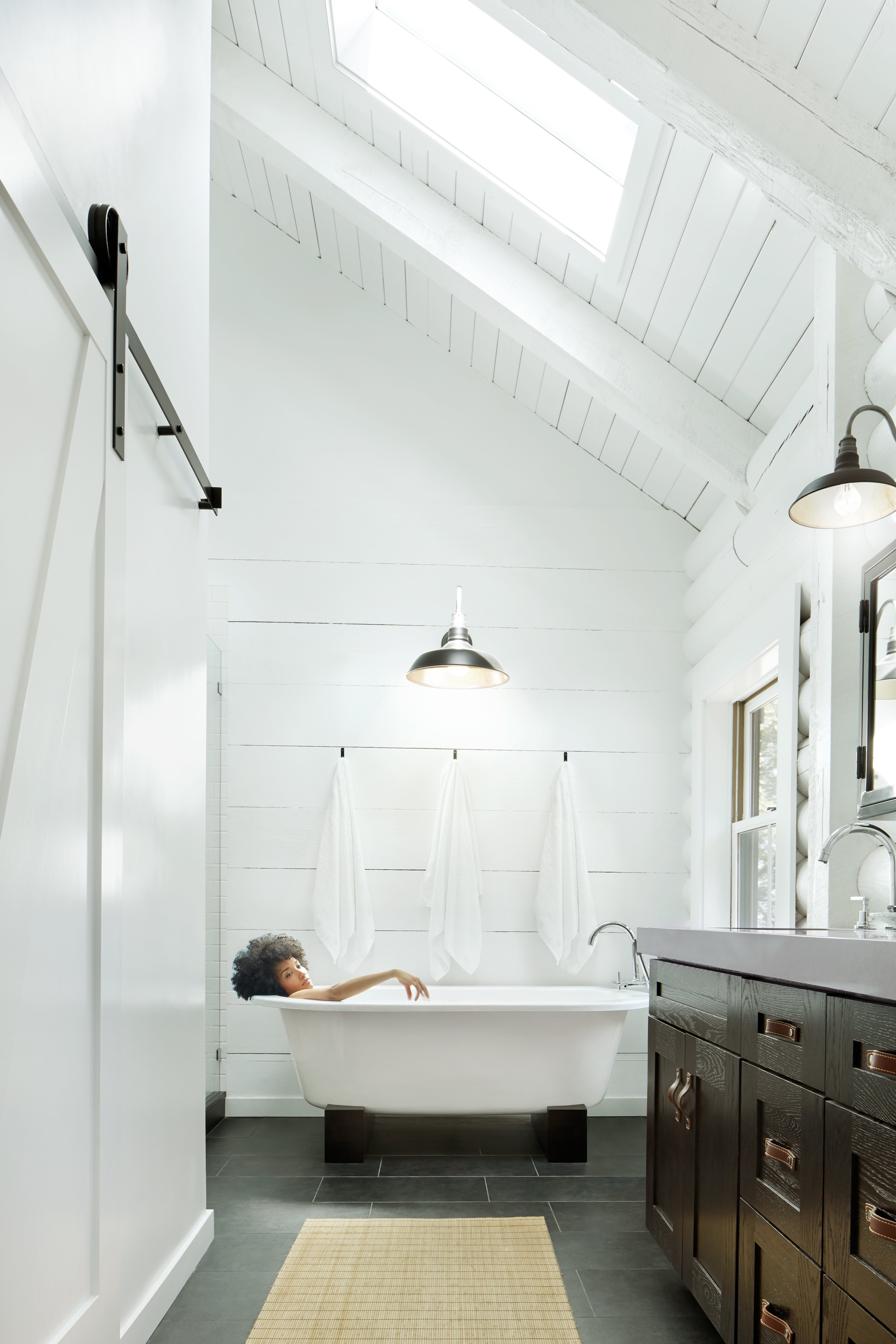 Woman Relaxing Bathtub Bathroom Modern Lifestyle Stock Photo
