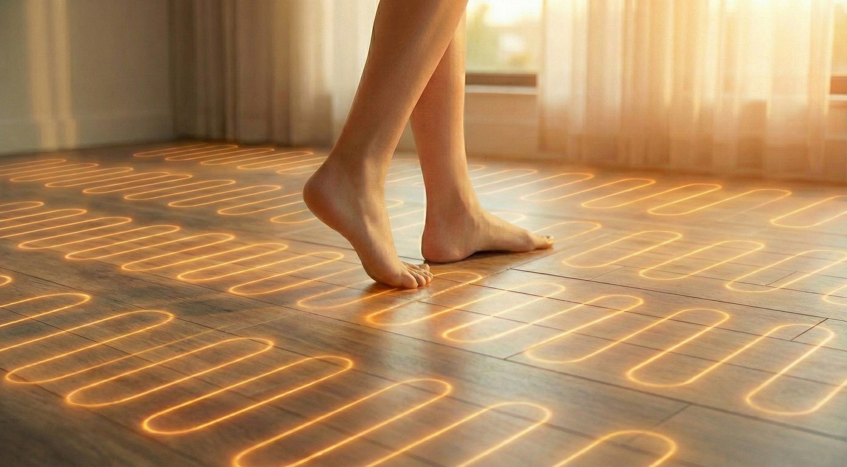 Electric radiant floor heating system warming luxury vinyl tile flooring with a serpentine heating cable pattern beneath bare feet.