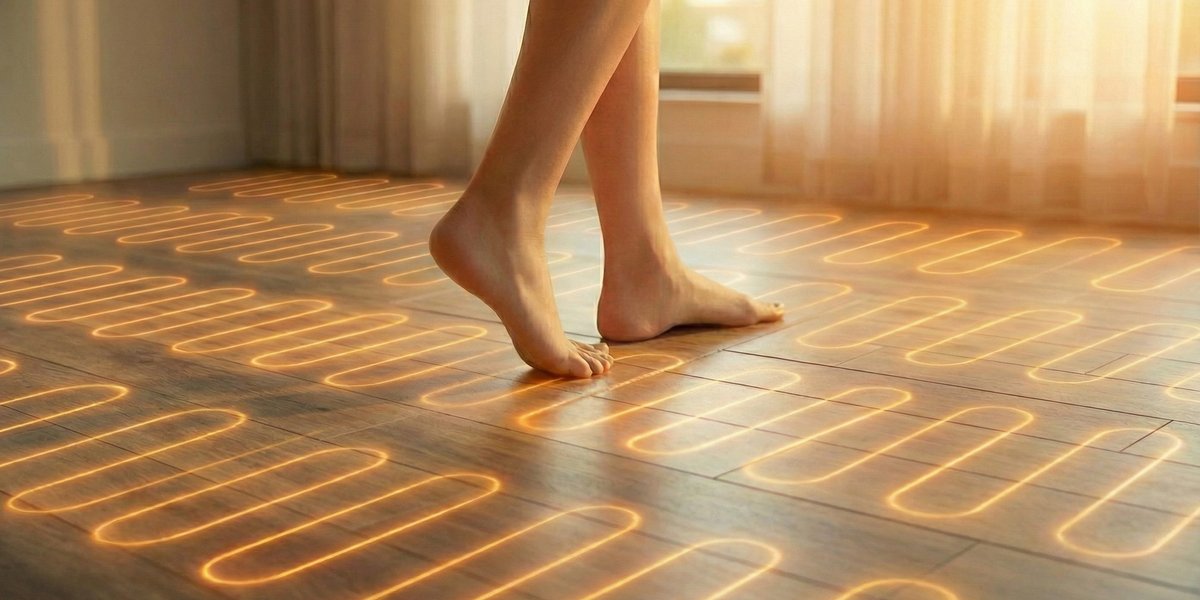 Women stepping on luxury vinyl tile with floor warming.
