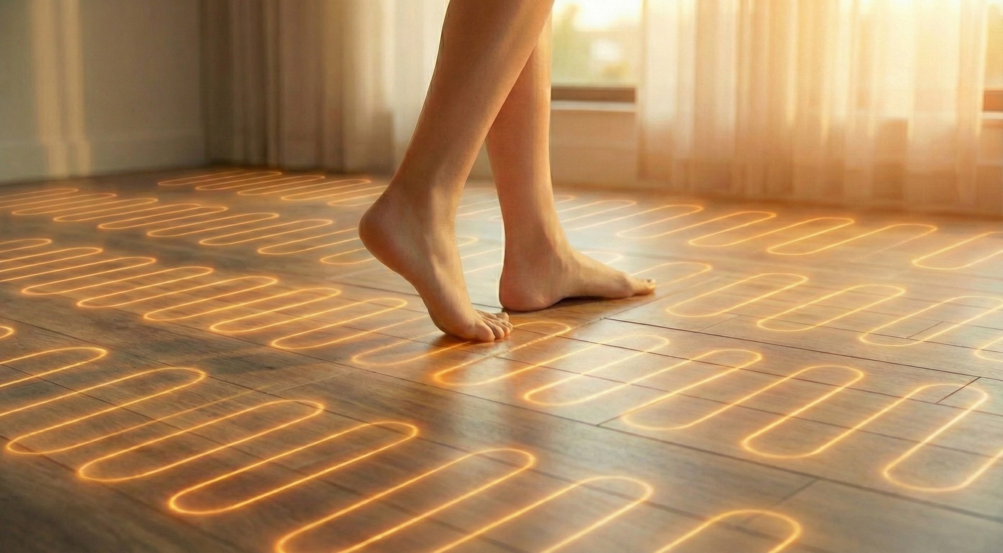 Women stepping on luxury vinyl tile with floor warming.