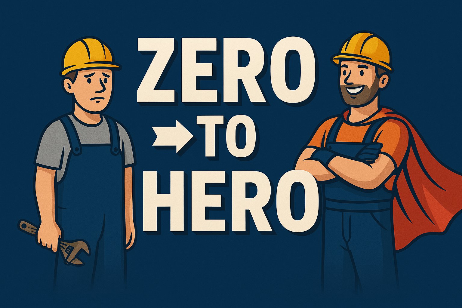Digital illustration from the Zero to Hero series depicting a dejected construction worker transforming into a confident superhero.