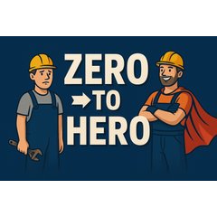 Digital illustration from the Zero to Hero series depicting a dejected construction worker transforming into a confident superhero.