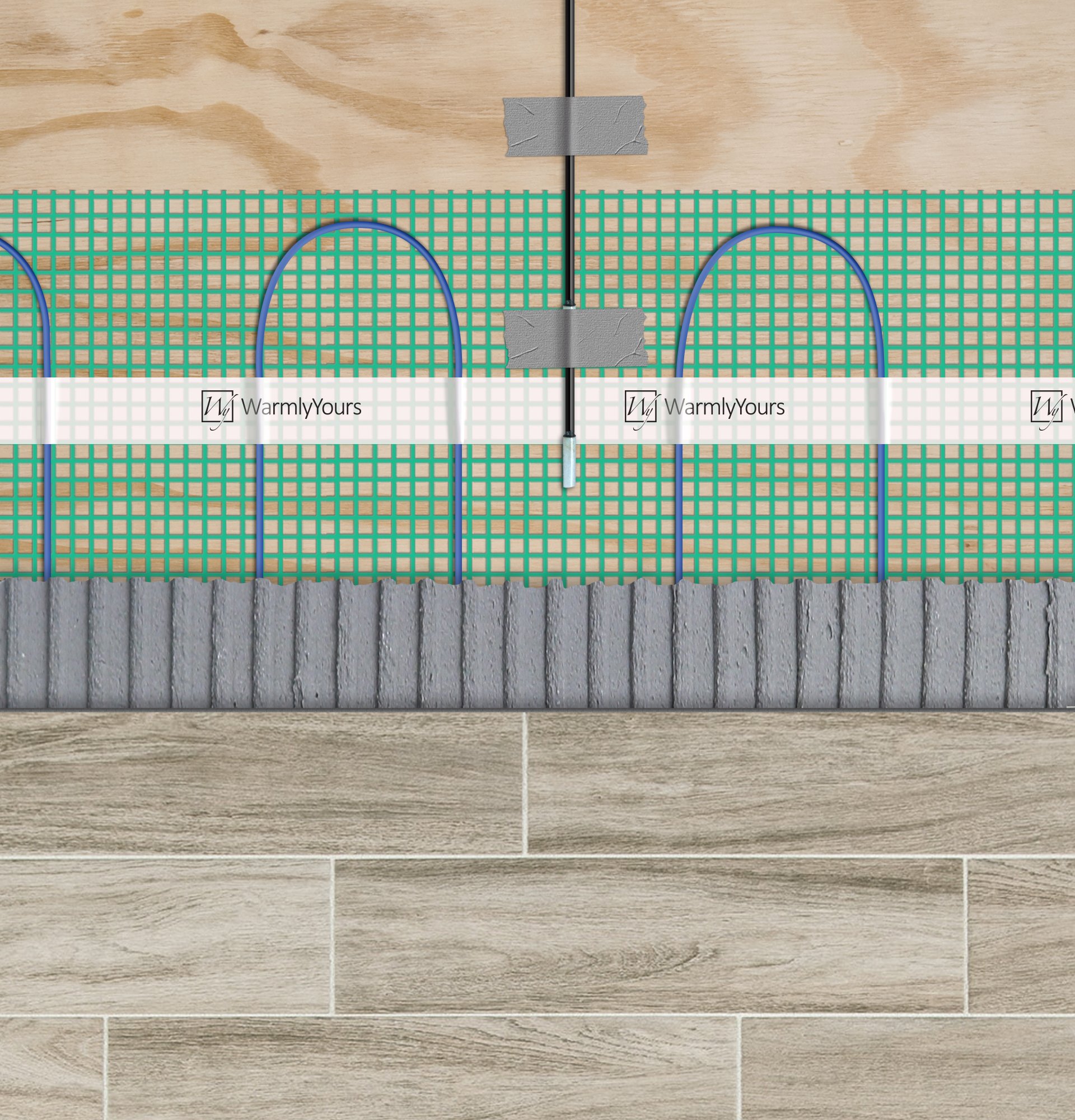 Cross-section of a tile floor: subfloor, electric heating roll, thinset, and tile flooring Cross-section of a tile floor: subfloor, electric heating roll, thinset, and tile flooring