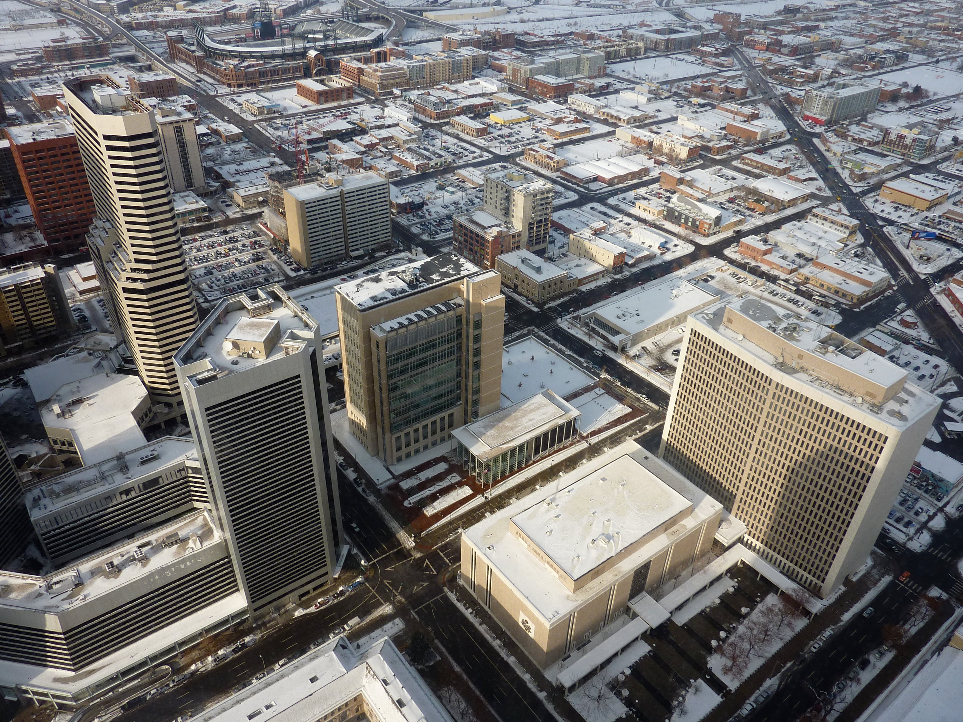 Denver Skyline in Winter Aerial View