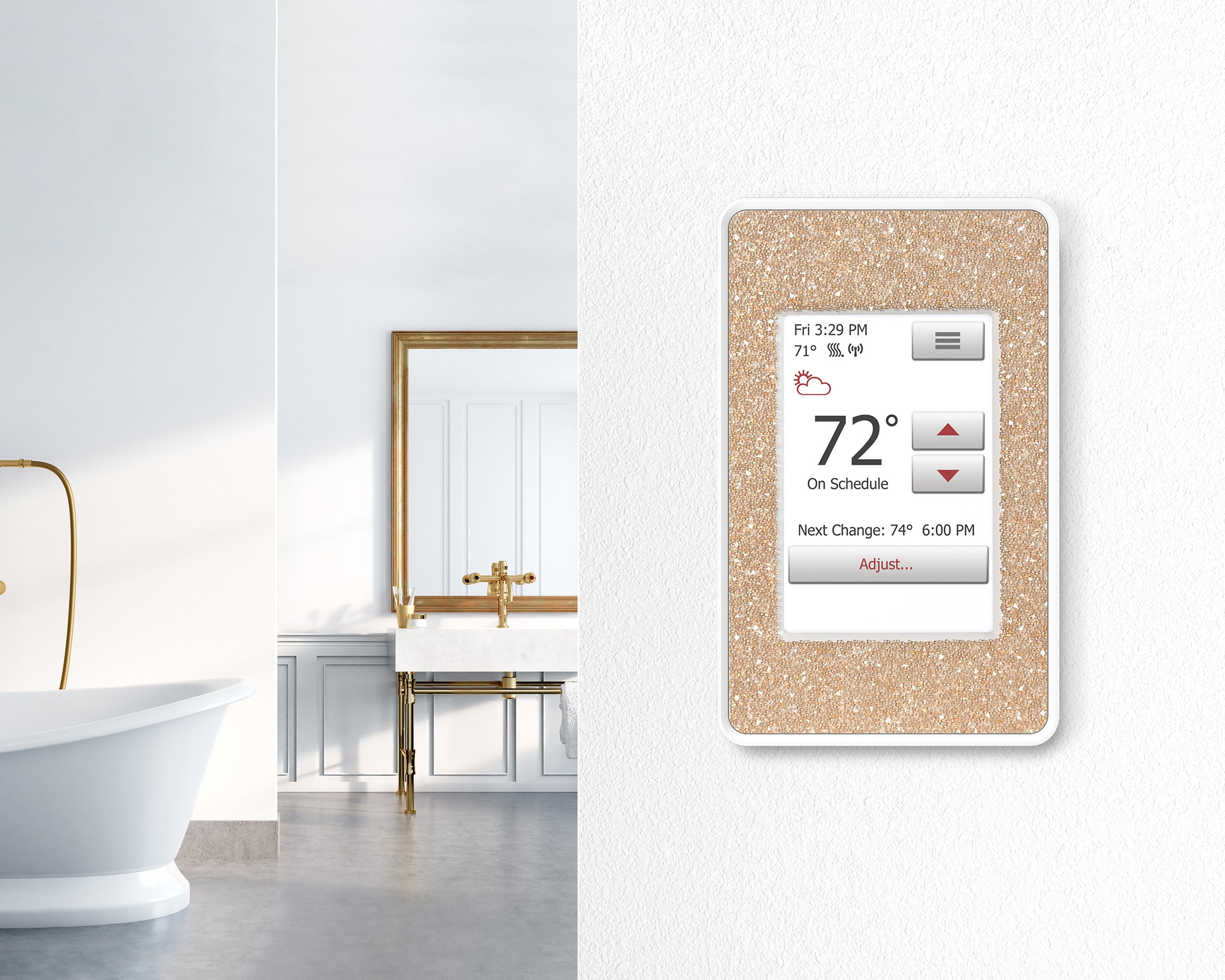 Swarovski crystal golden shadow nspire touch wifi thermostat lifestyle in a bathroom -im12511-101420