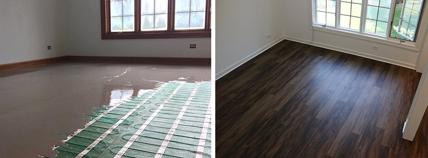 Luxury Vinyl Tile LVT Before and After with TempZone Flex Roll and Self Leveling Cement 1