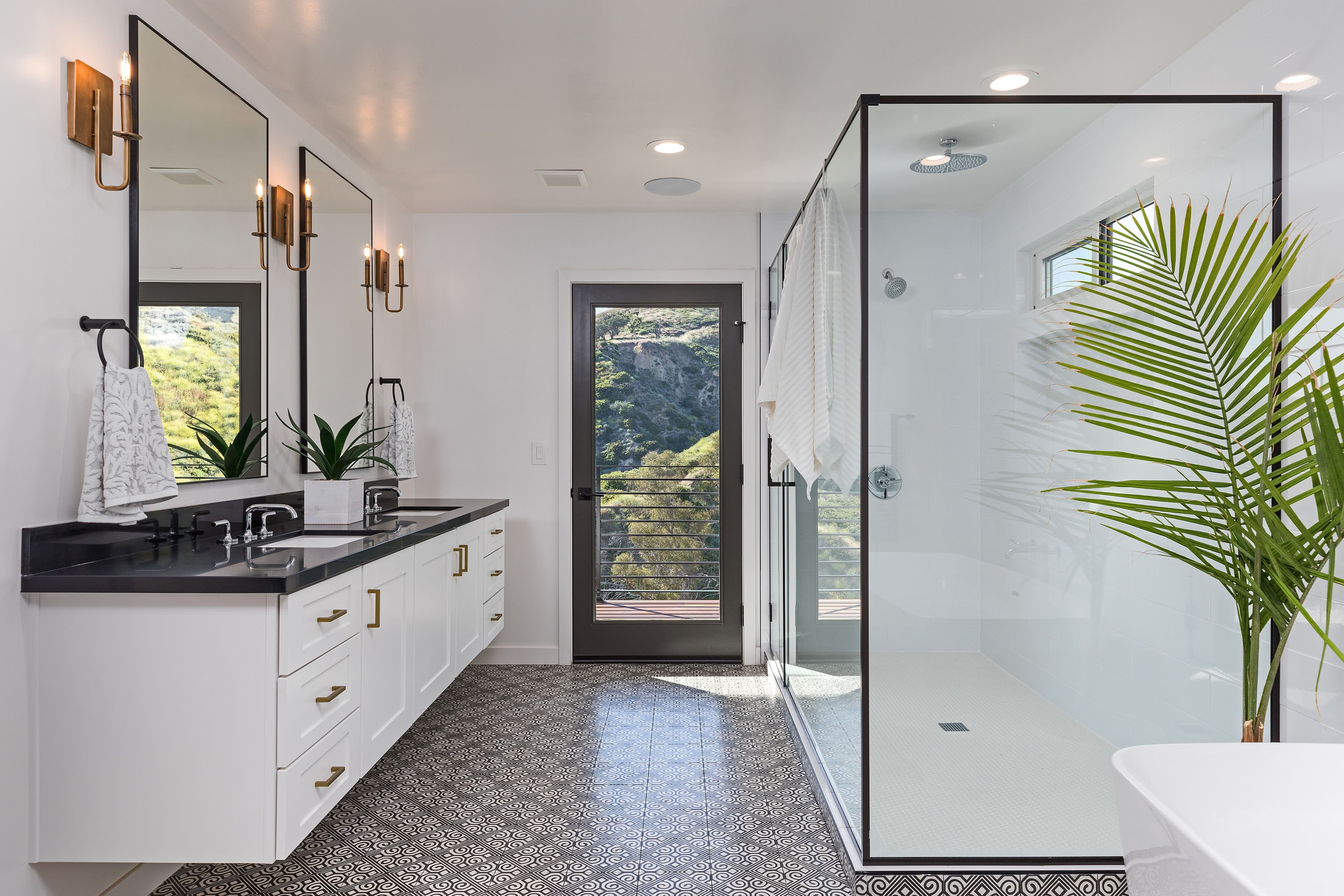 Modern black and white bathroom with tile floor