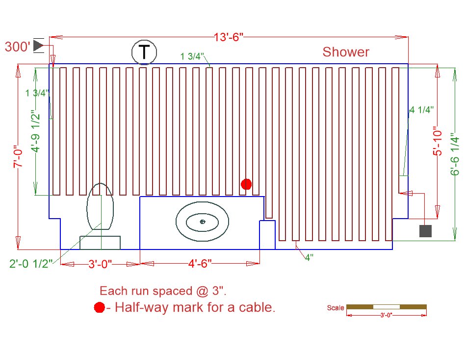 Bathroom Floorplan with Radiant Heating Cable under tile