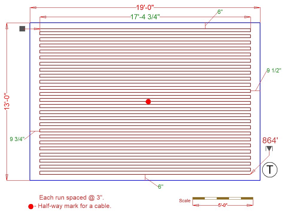 Floor plan with TempZone radiant heating cable