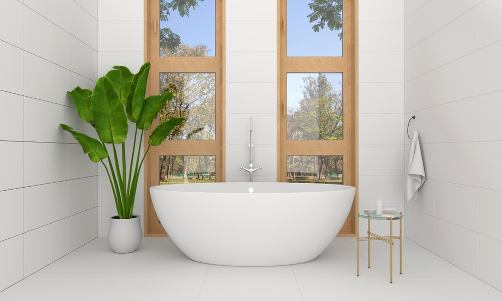 Tile bathroom with tub and electric underfloor heating Tile bathroom with tub and electric underfloor heating
