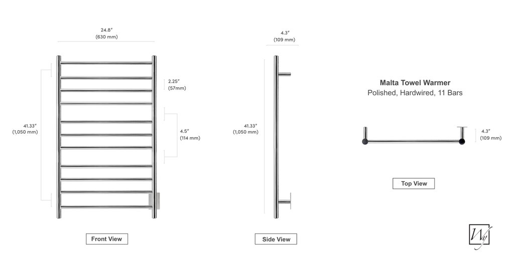 TWS4MLT11PH Malta Towel Warmer, Polished, Hardwired, 11 Bars TWS4