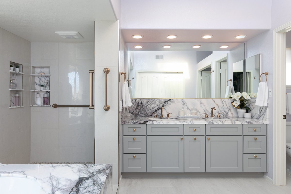 Marble Master Bath Remodel Showcase in Oxnard, CA. 92 sq. ft.