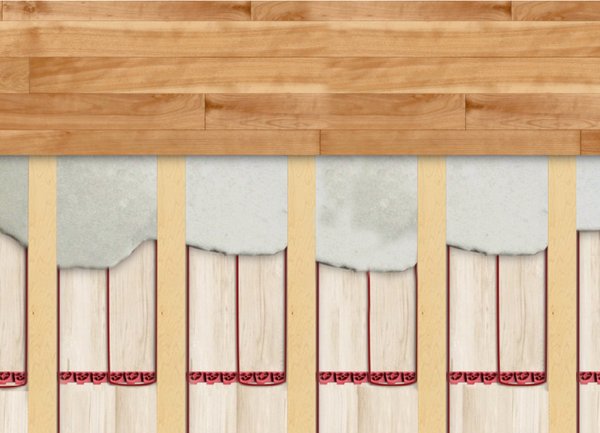 Nailed Down hardwood with tempzone cable cross-section with self-leveling-cement with no bubbles