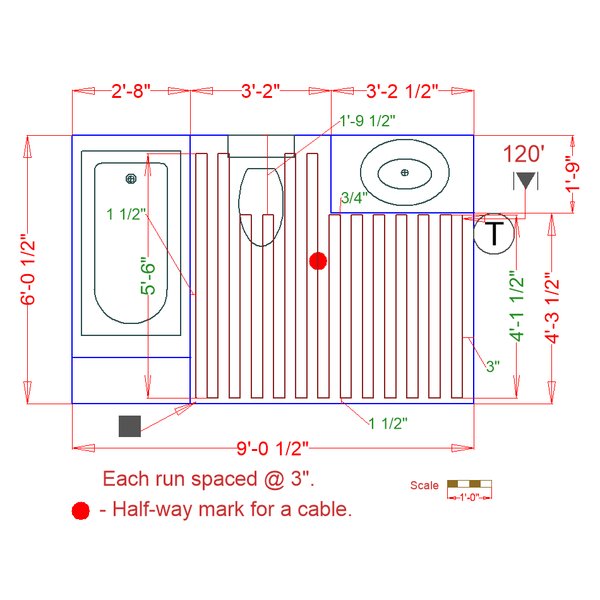 Bathroom floorplan with TempZone™ radiant heating cable system