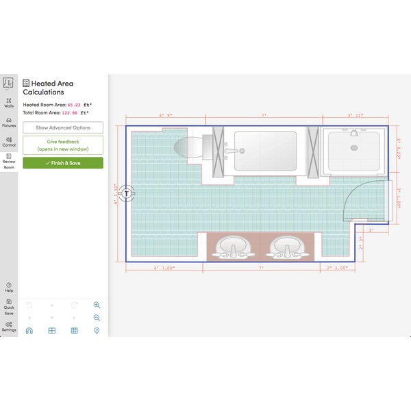 Screenshot of Design Tool being used to draw a master bathroom with floor heating