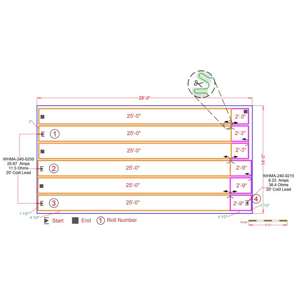 Snow melting mat floor plan 14'W x 28'L