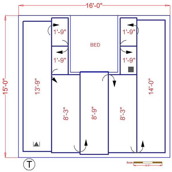 A 15' by 16' bedroom floorplan with TempZone heated floors