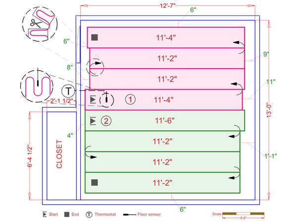 Bedroom Medium 3 - 129 Sq.ft. With Tempzone Floor Heating Floor Plan 