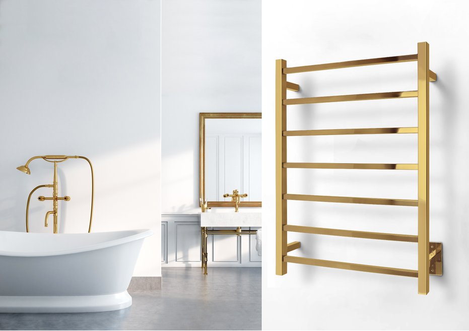 TWS2-TAH07GH - Tahoe 07 Towel Warmer, Gold, Hardwired, 7 bars Gold electric towel warmer installed on bathroom wall
